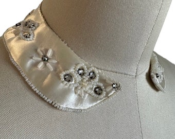 Vintage winter white satin Collar Beaded with Rhinestones