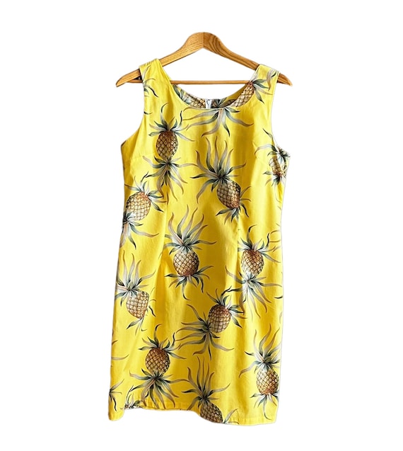 Vintage Yellow Pineapple Print Dress, Made in Hawaii, Tiki Luau Label