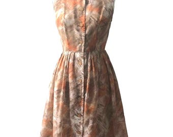 Vintage 1950’s cotton day dress:  Abstract Print, Fit and Flare style, fall colors, midcentury, casual dress