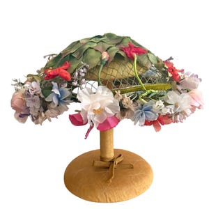 Mid-Century Marti Deb-Arn Garden floral bonnet, Fascinator, olive green velvet bow, rare, Philadelphia military