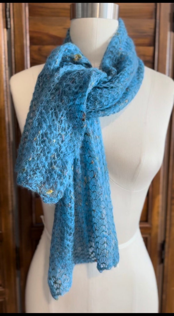 Blue Mohair winter scarf made in Italy, festive g… - image 4