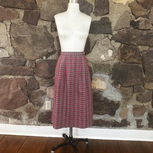 Vintage Red Plaid Cotton Skirt, Post Horn Label, Pleated Midi Length image 9
