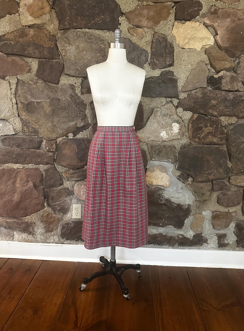 Vintage Red Plaid Cotton Skirt, Post Horn Label, Pleated Midi Length image 9