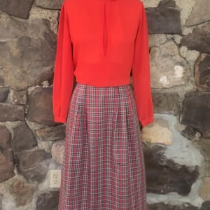 Vintage Red Plaid Cotton Skirt, Post Horn Label, Pleated Midi Length image 10