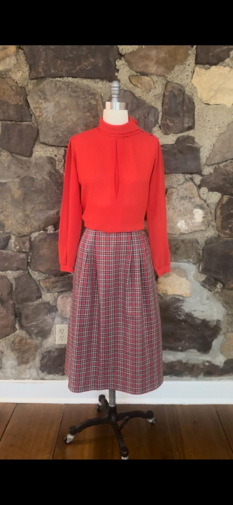 Vintage Red Plaid Cotton Skirt, Post Horn Label, Pleated Midi Length image 10