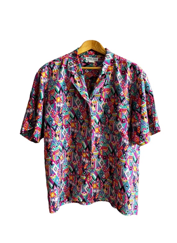 Vintage Shirt blouse 100% Silk colorful abstract p