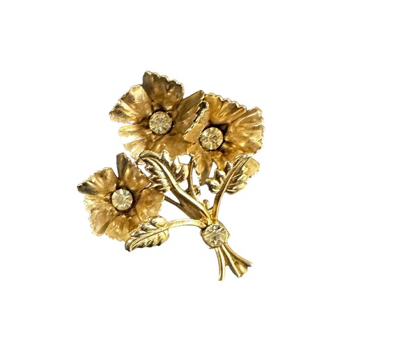 Vintage 1950's Flower Brooch, Gold Tone With Rhinestones - Etsy