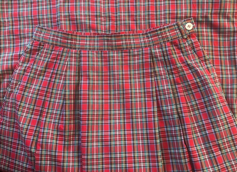 Vintage Red Plaid Cotton Skirt, Post Horn Label, Pleated Midi Length image 7