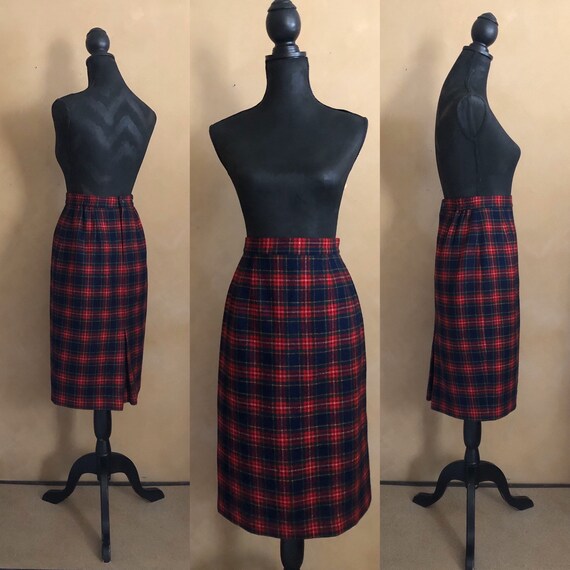 1960's Wool Red Plaid Skirt - Pencil Skirt ~ high