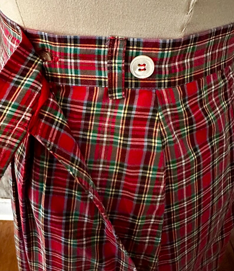 Vintage Red Plaid Cotton Skirt, Post Horn Label, Pleated Midi Length image 3
