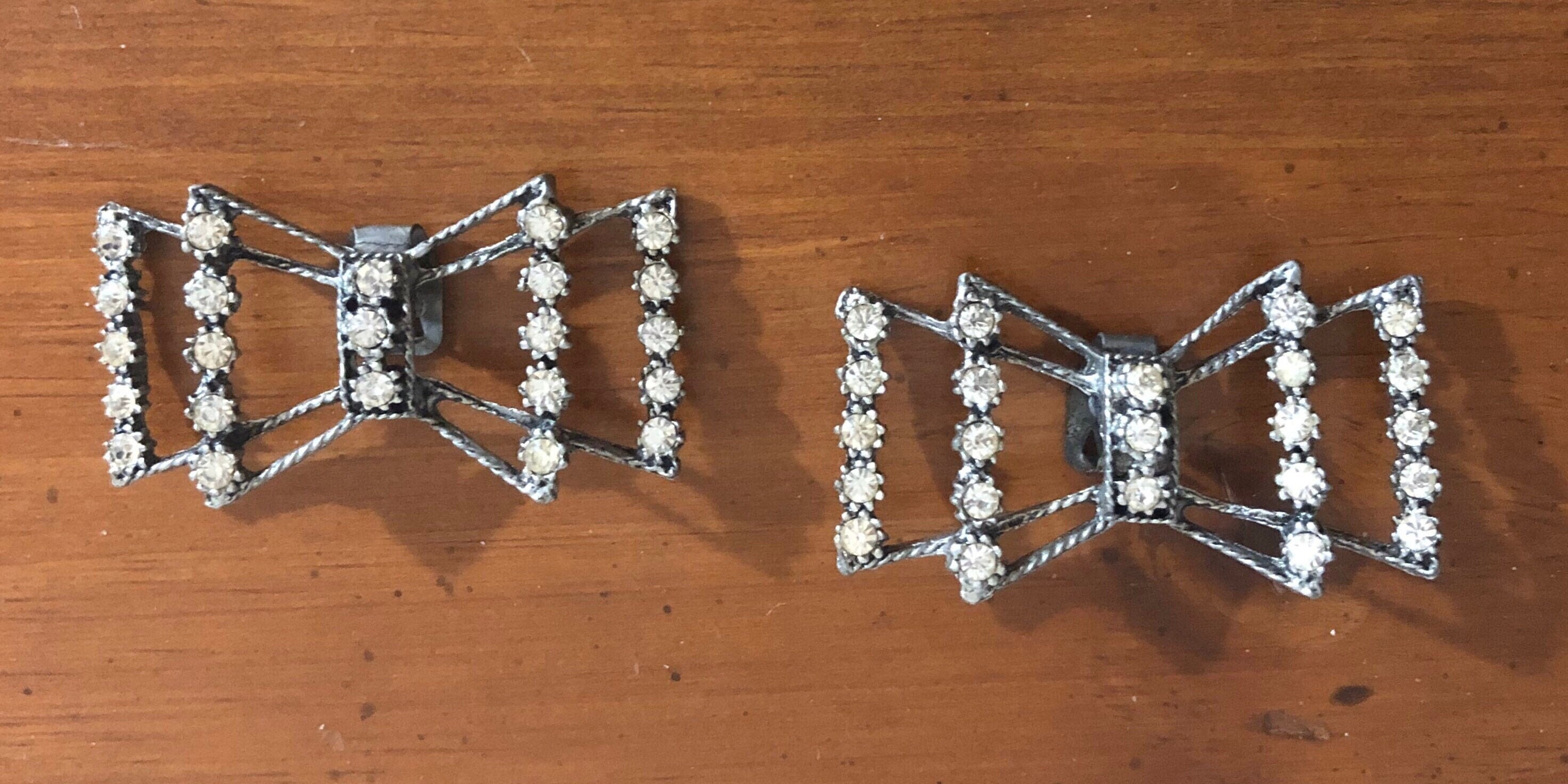 Matched Pair Vintage Rhinestone Black Grosgrain Bow Shoe Clips Clear Mixed Stone Handmade shoe clips with crystals main image 2