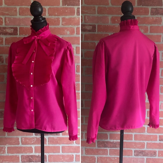 Vintage 60’s Hot Pink Blouse - Bow Collar - Ruffle
