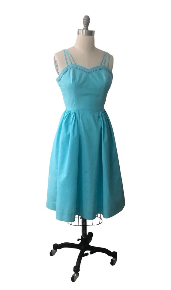 Vintage 1950’s Fit and Flare cotton sundress turq… - image 1