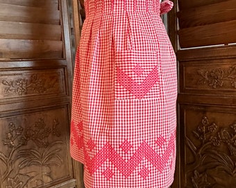 Vintage Apron Red Gingham, embroidered Cross Stitch, 1940's era