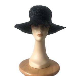 Vintage black raffia sun hat, wide large brim, 1960’s era, straw hat