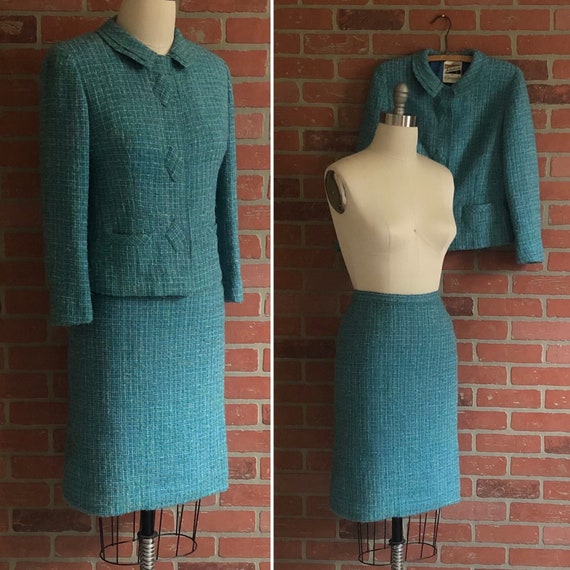 Vintage 1960’s Boucle Suit ~ Turquoise Blue Suit ~