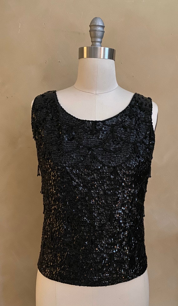 Vintage 1960’s Black Sequined Beaded  top crop st… - image 3