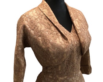 Vintage 1950’s cocktail style wiggle dress, gold lace, matching cropped jacket