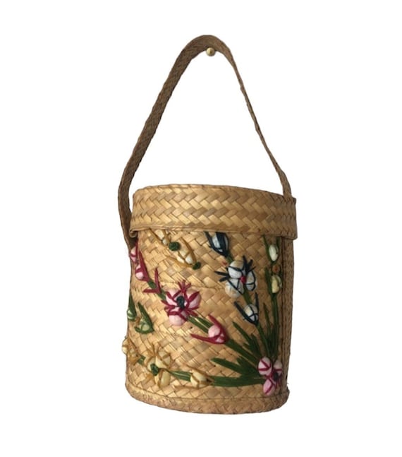 Vintage Straw Bag 1950’s Raffia round bag purse ,… - image 1