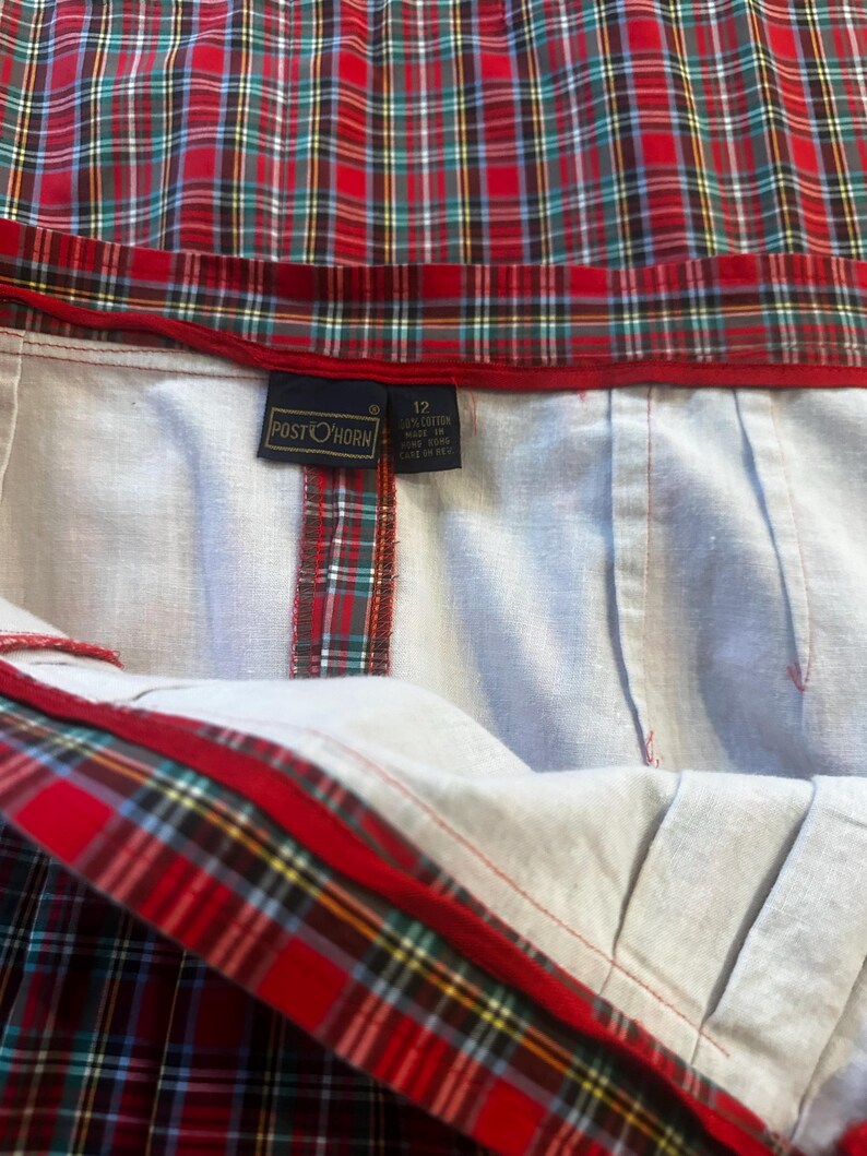 Vintage Red Plaid Cotton Skirt, Post Horn Label, Pleated Midi Length image 4