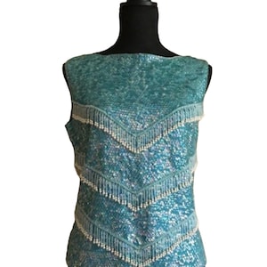Vintage 1960’s beaded sequined top,irredescent blue , made in Hong Kong