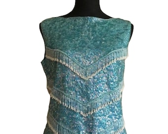 Vintage beaded sequined top,irredescent blue , made in Hong Kong