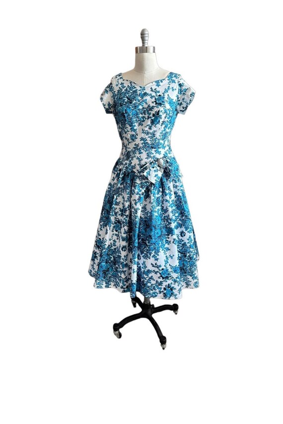 Blue Toile Dress vintage 1950’s era Spring Floral 