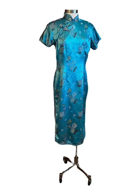 Vintage 1960's Blue satin Sheath dress, chinoiseri