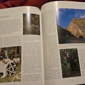 May include: An open book with the title "TODAY'S WITCHES" on the top left. The pages feature photographs and text about witchcraft, including images of landscapes, rituals, and symbols like a pentagram.