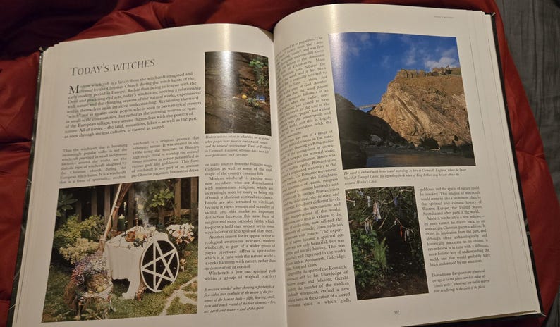 May include: An open book with the title "TODAY'S WITCHES" on the top left. The pages feature photographs and text about witchcraft, including images of landscapes, rituals, and symbols like a pentagram.