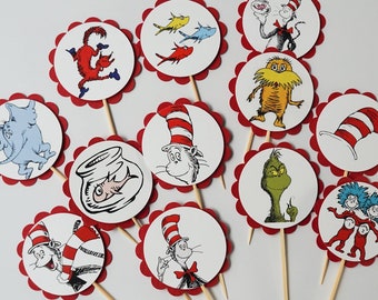 Cupcake Toppers Cat in the Hat Characters Cupcake Toppers, Cupcake Flags, Cupcake Toothpick Party Decor - Finished on back side