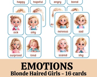Emotion Flashcards, Feeling Cards for Toddlers and Preschool, Blonde Haired Girls, Explore feelings Expand vocabulary, Digital Download