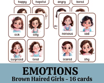 Emotion Flashcards, Feeling Cards for Toddlers and Preschool, Brown Haired Girls, Explore feelings Expand vocabulary, Digital Download