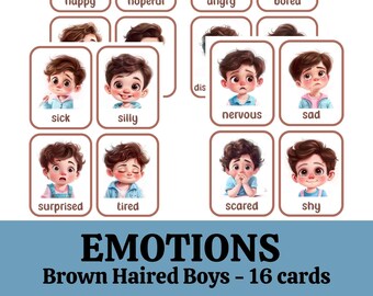 Emotion Flashcards, Feeling Cards for Toddlers and Preschool, Brown Haired Boys, Explore feelings Expand vocabulary, Digital Download