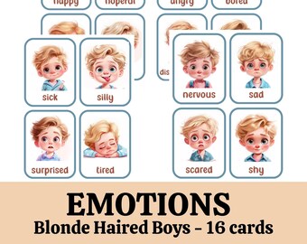 Emotion Flashcards, Feeling Cards for Toddlers and Preschool, Blonde Haired Boys, Explore feelings Expand vocabulary, Digital Download