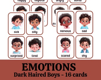 Emotion Flashcards, Feeling Cards for Toddlers and Preschool, Dark Haired Boys, Explore feelings Expand vocabulary, Digital Download