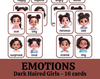 Emotion Flashcards, Feeling Cards for Toddlers and Preschool, Dark Haired Girls, Explore feelings Expand vocabulary, Digital Download