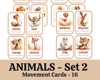 Movement Cards  Animals Set Twp for Toddlers and Preschool and adults, busy activities, fun and games, fitness - Digital, Instant Download