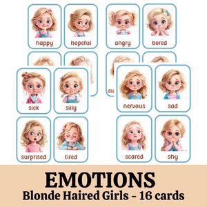Emotion Flashcards, Feeling Cards for Toddlers and Preschool, Blonde Haired Girls, Explore feelings Expand vocabulary, Digital Download