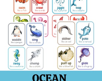 Movement Cards  for Toddlers and Preschool Ocean Animals, busy activities, fun and games, fitness - Sea Life Digital