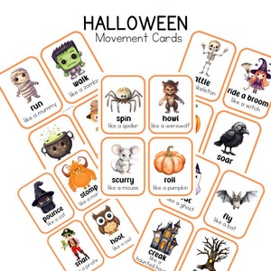 Puede incluir: Un conjunto de 16 tarjetas de movimiento con tem&aacute;tica de Halloween que presentan varios personajes y acciones. Cada tarjeta tiene un borde naranja y un fondo blanco con una ilustraci&oacute;n y un texto que describe el movimiento.  Ejemplos incluyen "correr como una momia", "caminar como un zombi", "girar como una ara&ntilde;a", "aullar como un hombre lobo", "elevarse", "correr como un rat&oacute;n", "rodar como una calabaza", "abalanza como un gato", "ulular como un b&uacute;ho", "crujir como una casa encantada", "volar como un murci&eacute;lago", "montar una escoba como una bruja", "hacer ruido como un esqueleto", y "pisotear como un monstruo".