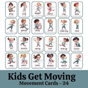 May include: A set of 24 colorful illustrated movement cards for kids. Each card features a child performing a different action, such as playing a guitar, dancing, or jumping jacks. The cards are labeled with the action and a short description. The cards are designed to help kids get moving and have fun while learning.