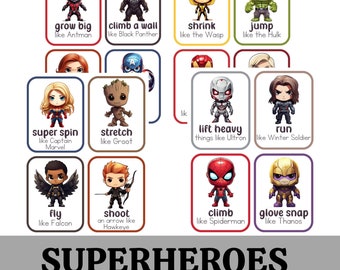 Movement Cards Super Heroes for Toddlers and Preschool, busy activities, fun and games, fitness - Digital