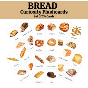Könnte beinhalten: Ein Satz von 24 Lernkarten mit verschiedenen Brotsorten, darunter Vollkornbrot, Challah, Brioche, Kolachi, Naan, Grissini, Brezel, Bagel, Französisches Brot, Ficelle, Milchbrot, Baguette, Sauerteigbrot, Toast, Pain de Campagne, Ciabatta, Roggenbrot und Mehrkornbrot.