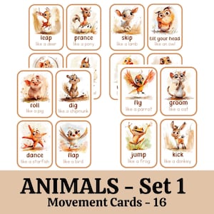 Movement Cards  Animals Set One for Toddlers and Preschool and adults, busy activities, fun and games, fitness - Digital, Instant Download