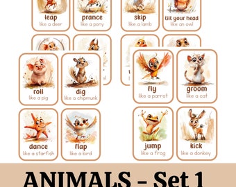 Movement Cards  Animals Set One for Toddlers and Preschool and adults, busy activities, fun and games, fitness - Digital, Instant Download