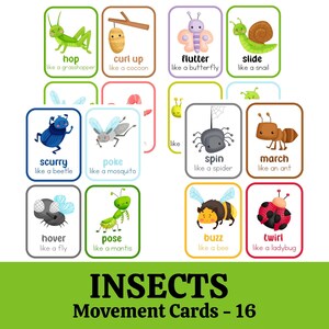 May include: A set of 16 colorful insect movement cards. Each card features a different insect with a word describing its movement, such as "hop", "flutter", "scurry", and "twirl". The cards are perfect for learning about insects and their movements.
