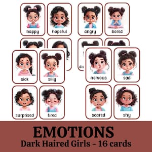 Emotion Flashcards, Feeling Cards for Toddlers and Preschool, Dark Haired Girls, Explore feelings Expand vocabulary, Digital Download
