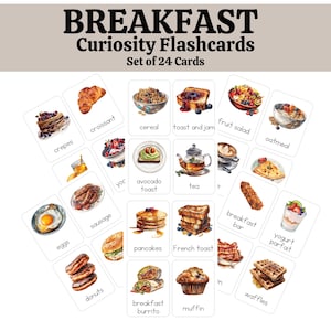 Flashcards - Breakfast Foods, Curiosity Cards for the Growing Mind, Montessori Flash cards, Preschool, Toddler, Child - Learning Homeschool