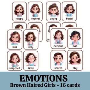 Emotion Flashcards, Feeling Cards for Toddlers and Preschool, Brown Haired Girls, Explore feelings Expand vocabulary, Digital Download
